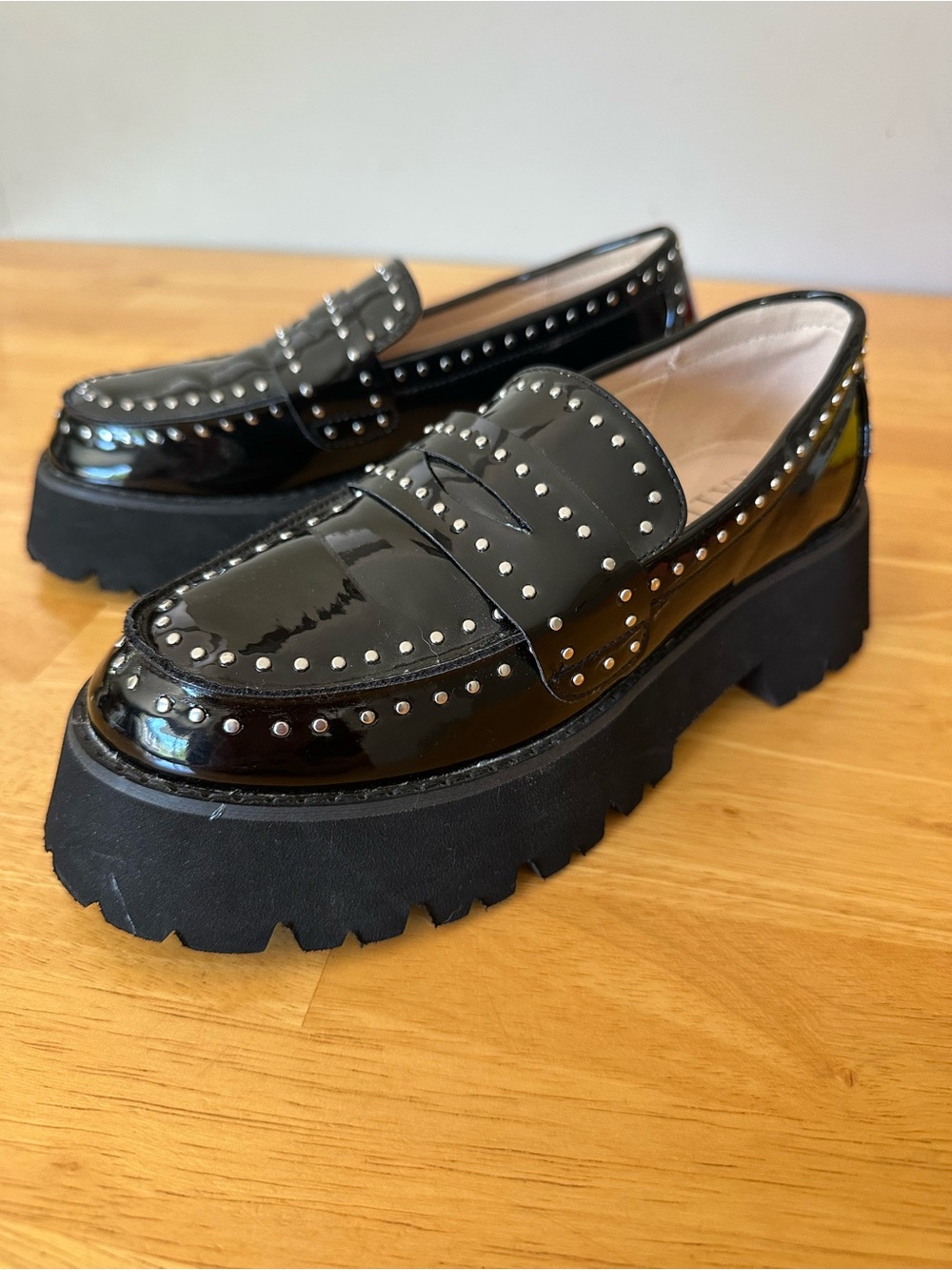 Black Studded Patent Platform Loafers